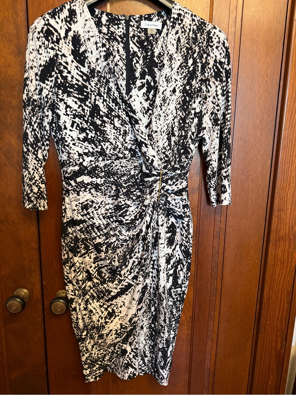 Calvin Klein Black Ivory Ruched Faux Wrap Sheath Dress Size 10 Animal Print